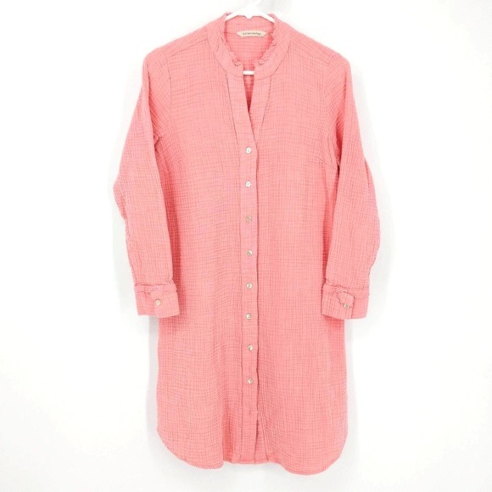 Soft Surroundings Rococo Gauzy Button Front Long Sleeve Shirt Dress Coral Size S